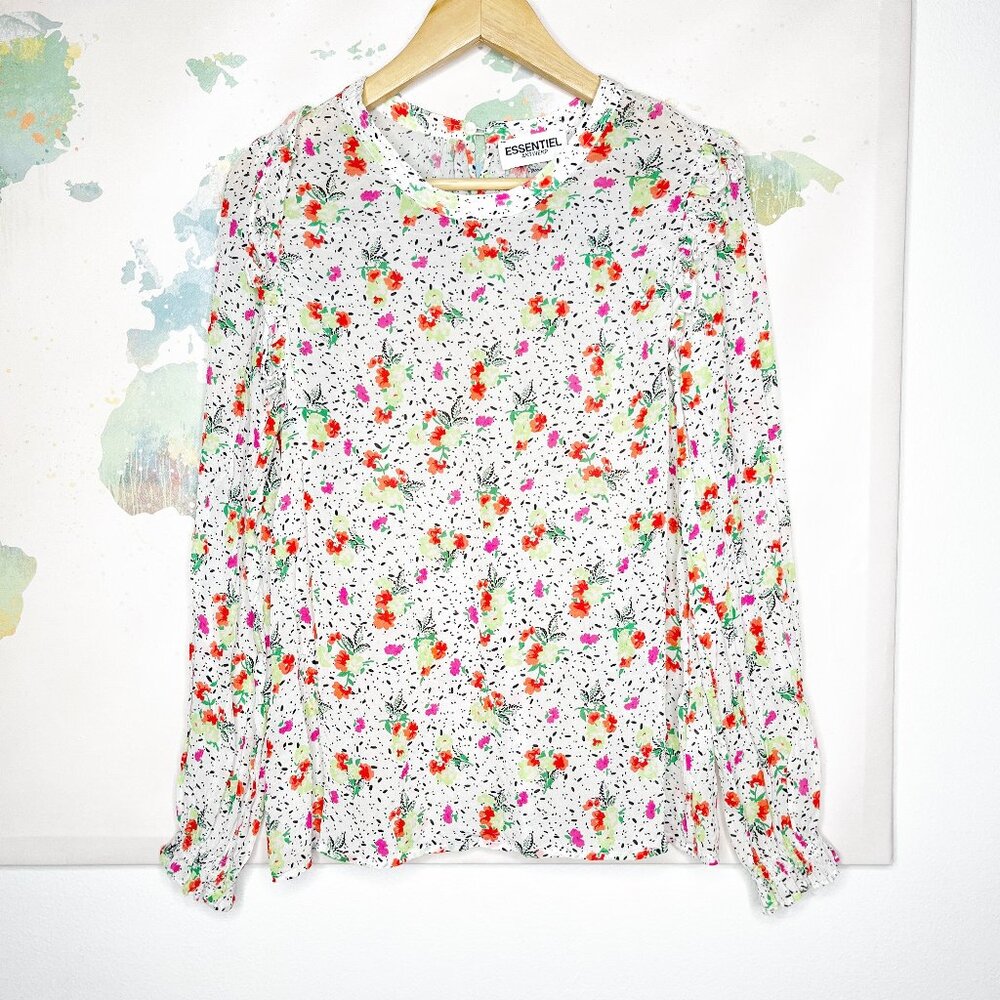Essentiel Antwerp Blouse Floral Size 38 US 8 White Black Spotted Ruffle Accents